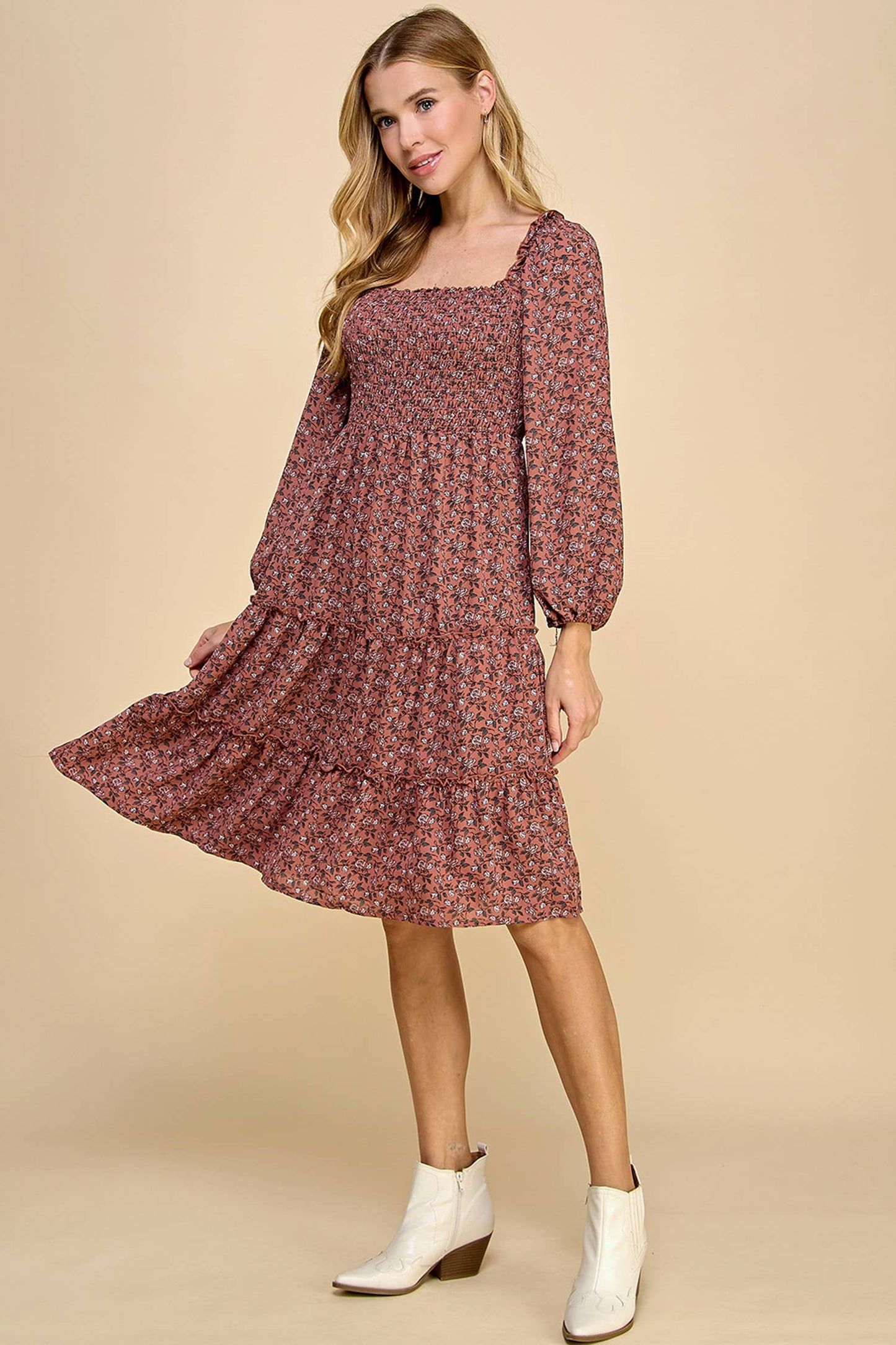 TIERED DRESS W/SMOCKING & LONG SLEEVE
