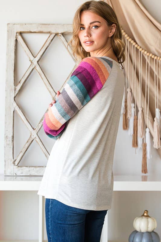 SPLIT NECK SOLID AND STRIPE TOP WITH BUTTON