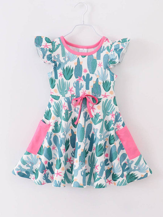 Summer Cactus Pocket Ruffle Girl Dress