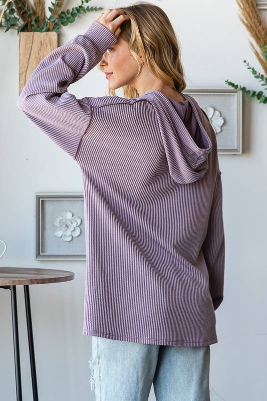 LONG SLEEVE SOLID URBAN RIBBED HOODIE TOP