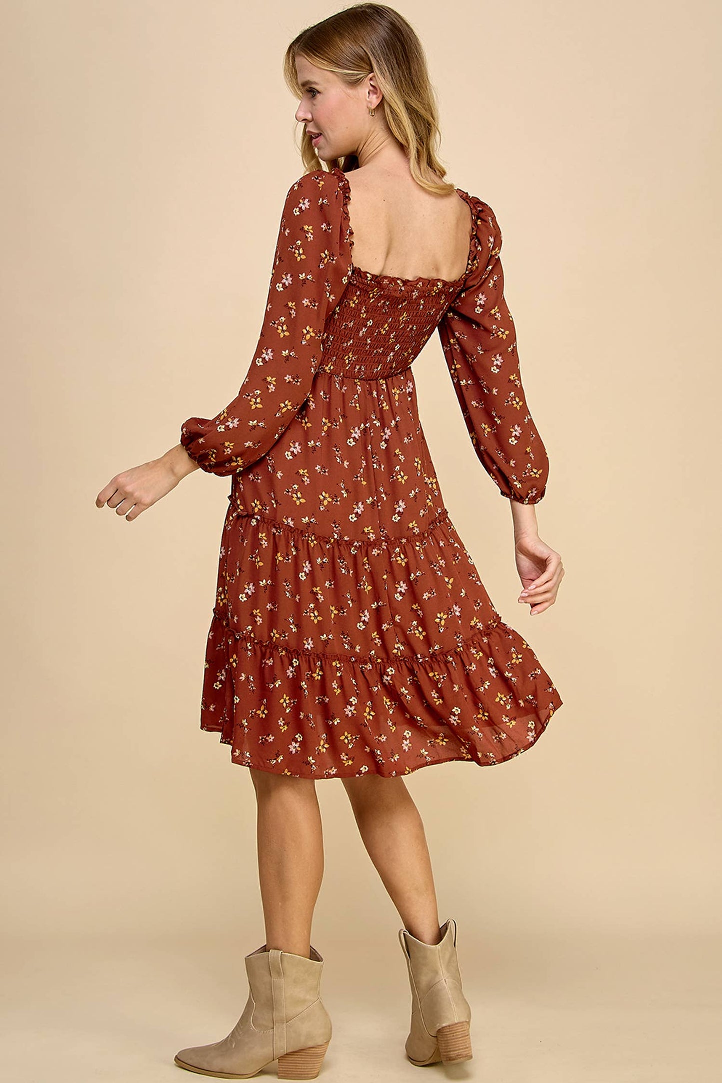 TIERED DRESS W/SMOCKING & LONG SLEEVE
