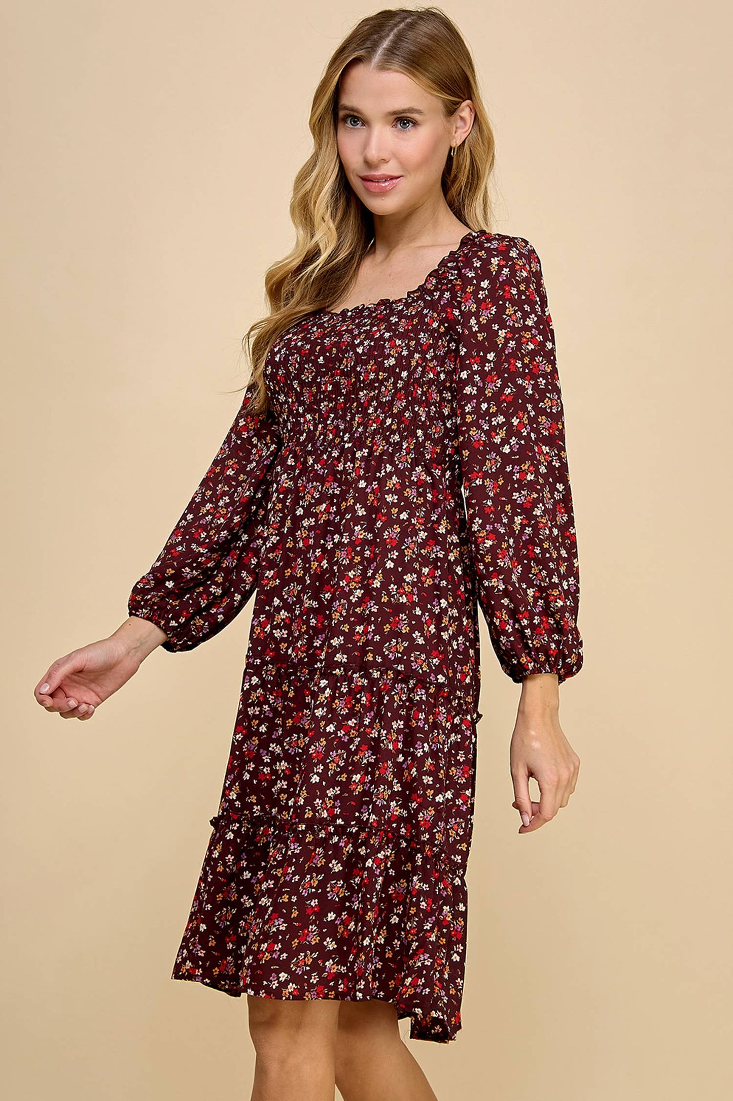 TIERED DRESS W/SMOCKING & LONG SLEEVE