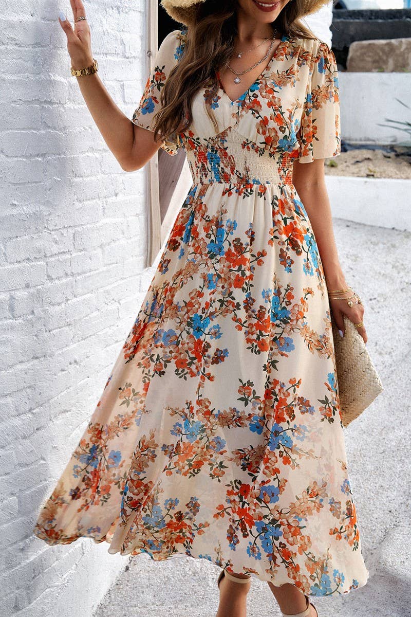 V-Neck Short Sleeve Floral Print Midi Dress