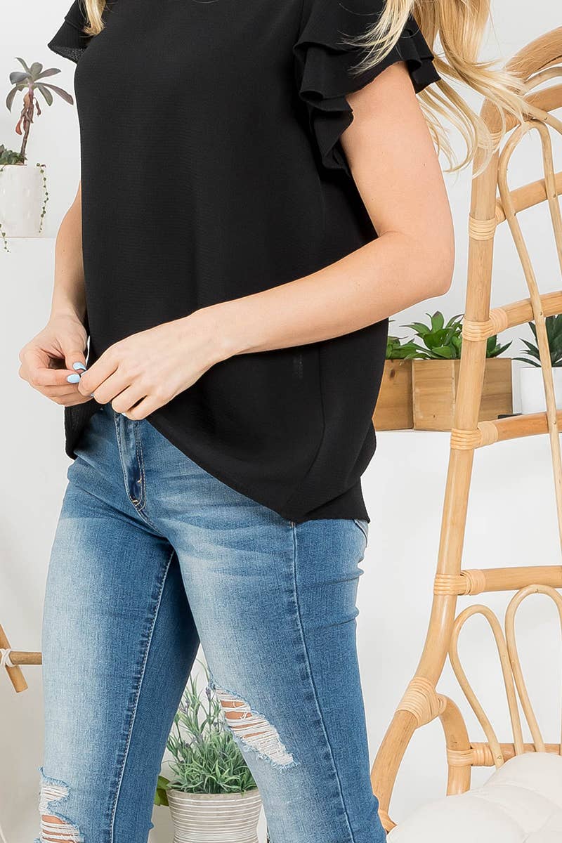 PLUS SIZE LAYERED RUFFLE SLEEVE ROUND NECK