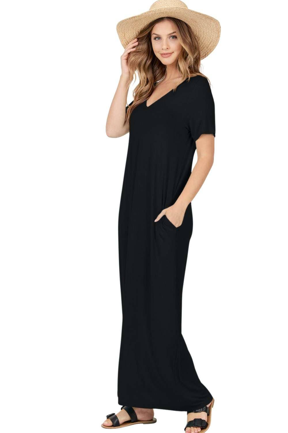 Short Sleeve V Neck Maxi Dress W Pockets