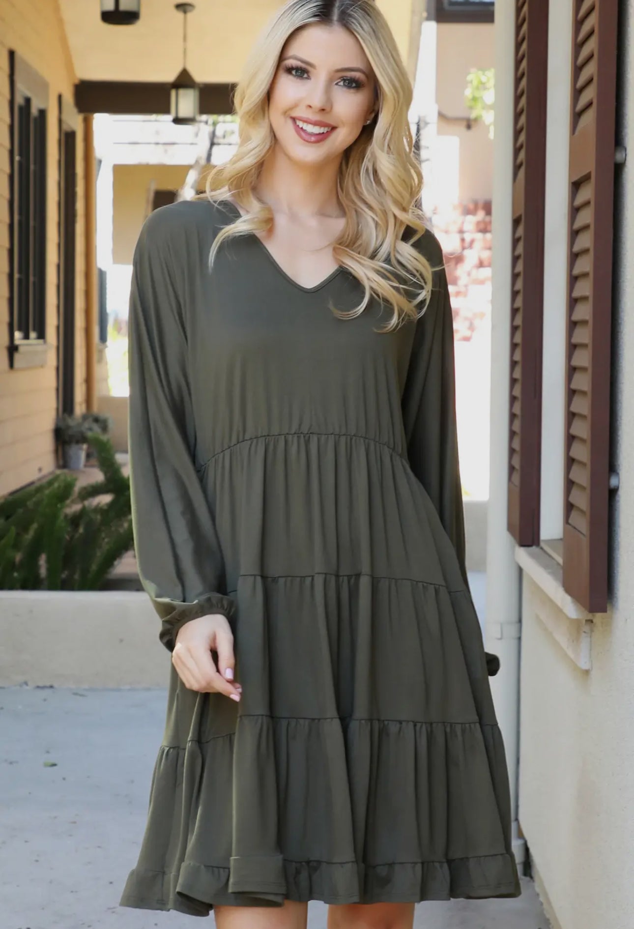 SOLID LONG SLEEVE TIERED RUFFLE DRESS