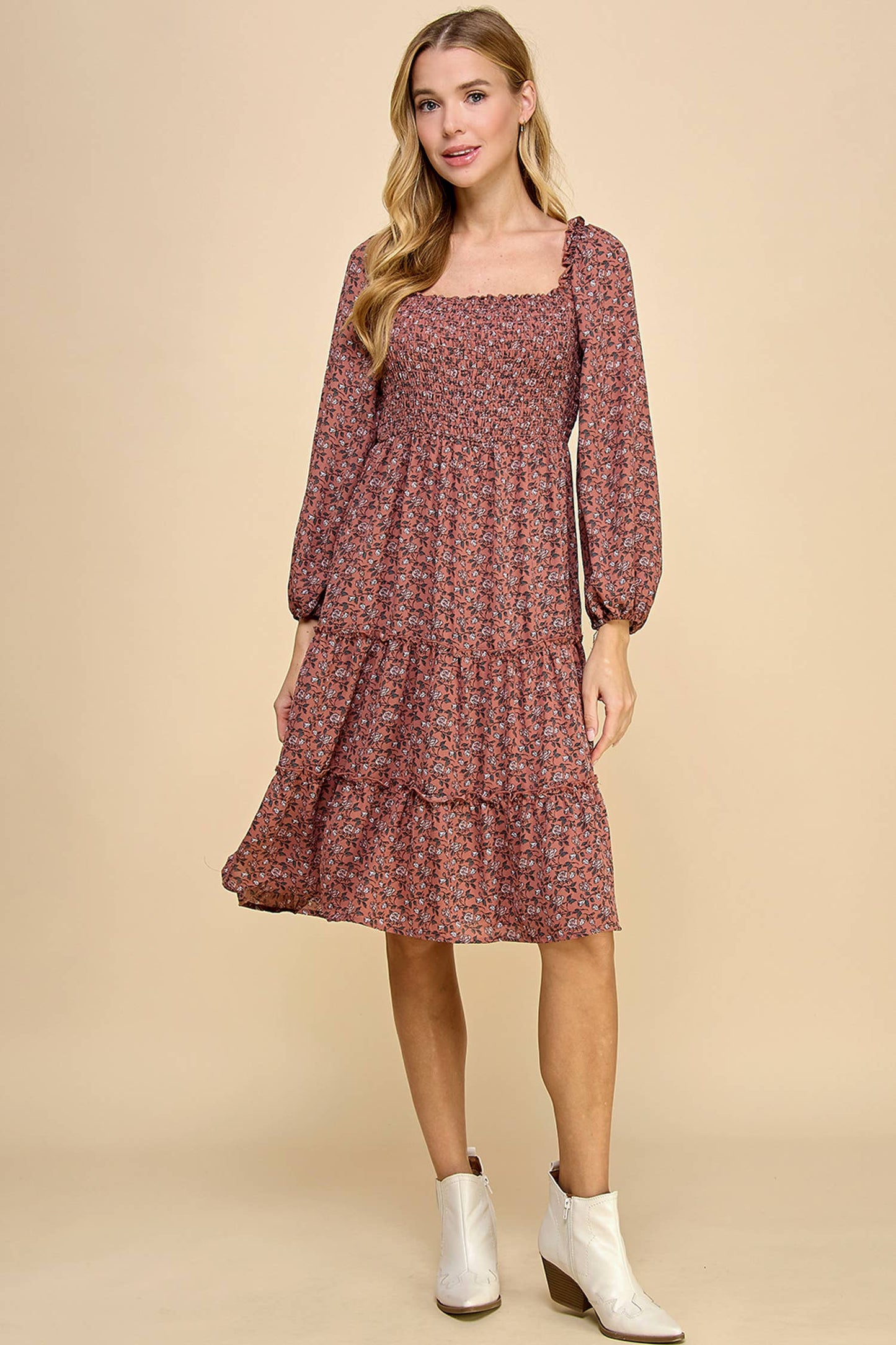 TIERED DRESS W/SMOCKING & LONG SLEEVE