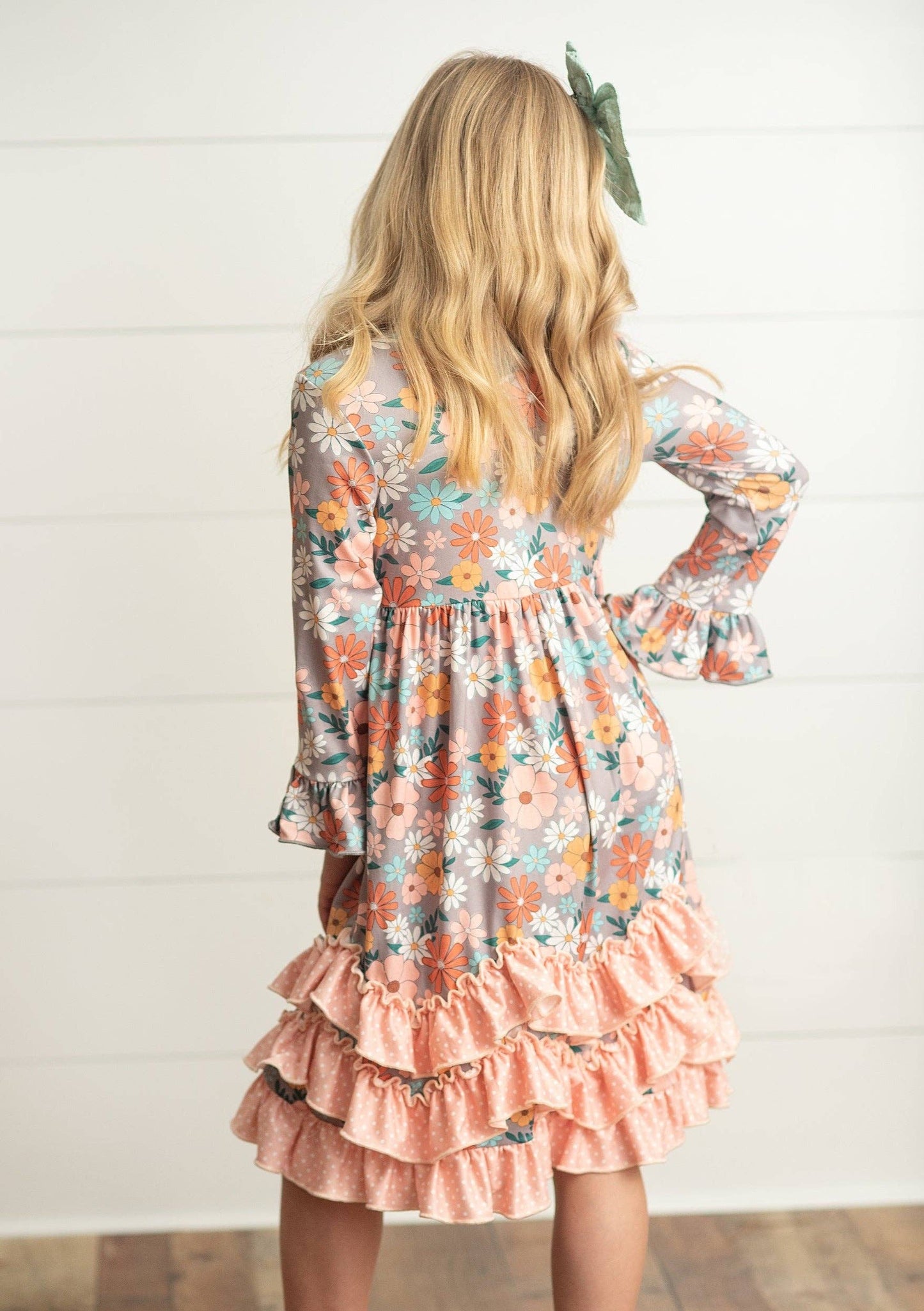 Girls Floral Long Sleeve Ruffle Dress