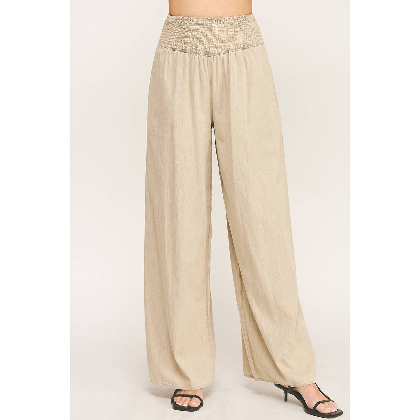 RELAXED SMOCKED WAIST WIDE LEG COTTON PANTS