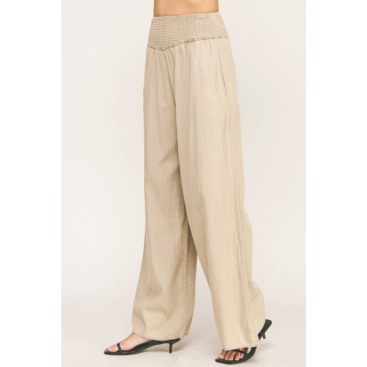 RELAXED SMOCKED WAIST WIDE LEG COTTON PANTS