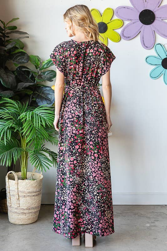 SHORT SLEEVE FLORAL PRINT MAXI DRESS