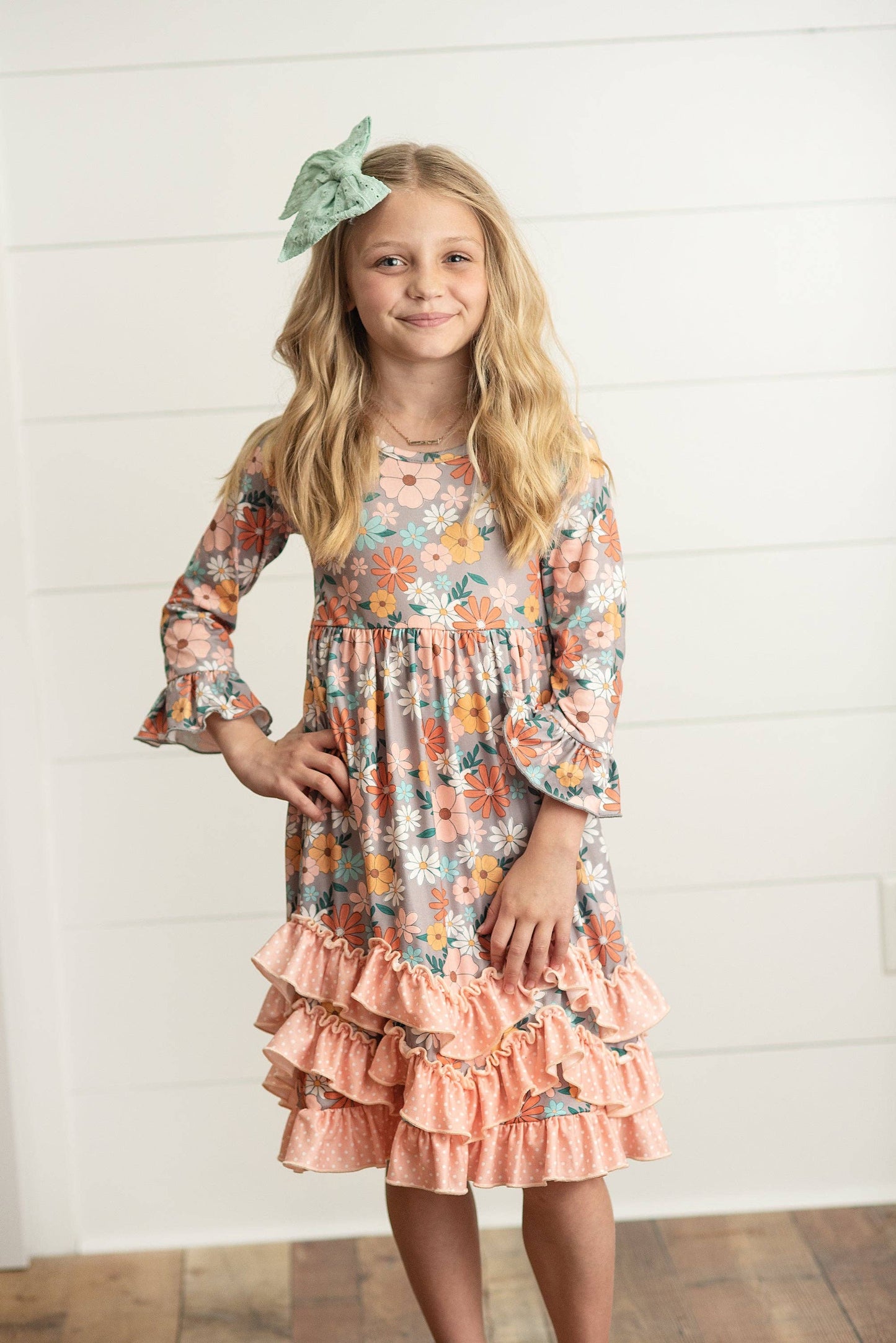 Girls Floral Long Sleeve Ruffle Dress