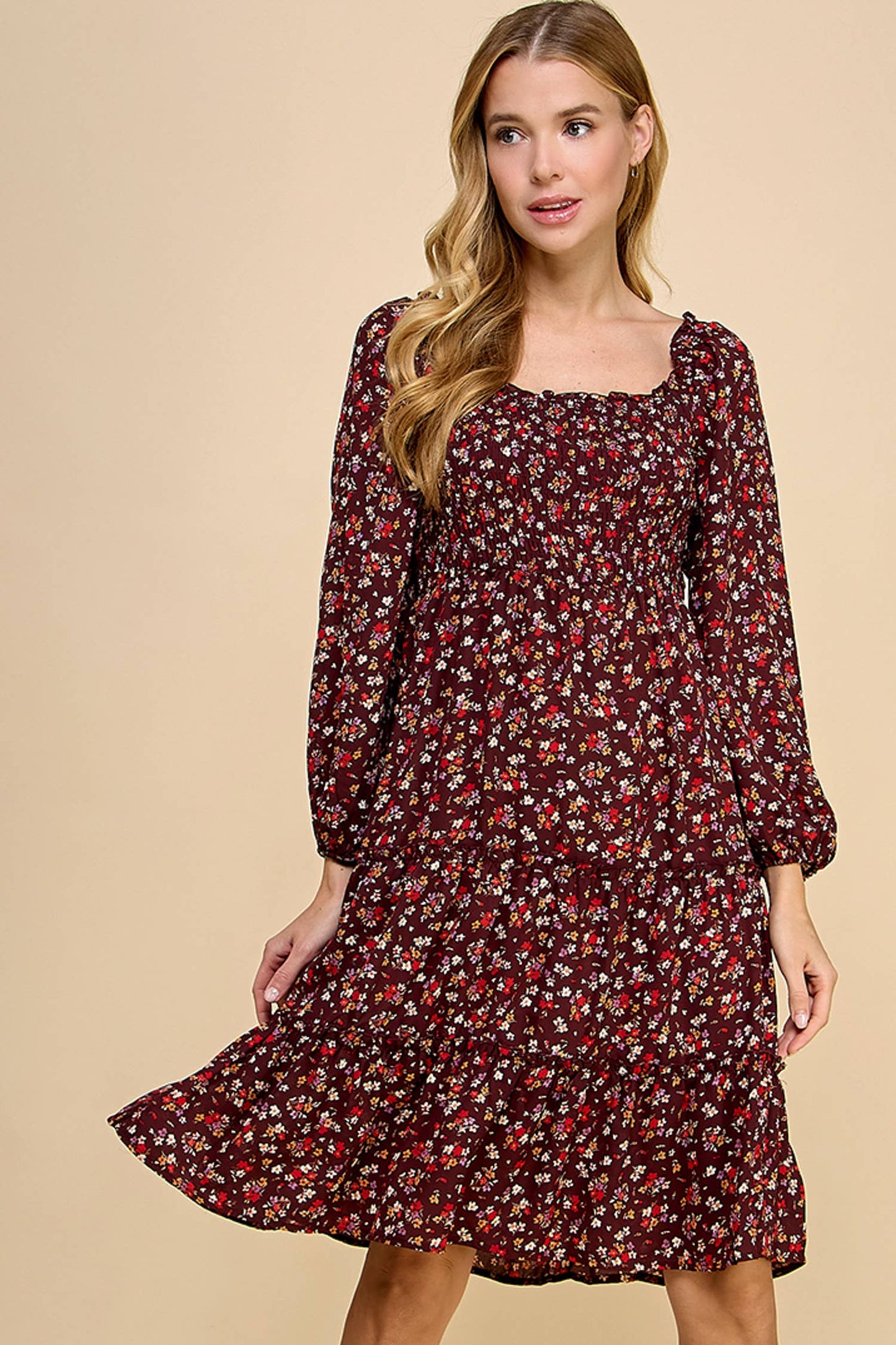TIERED DRESS W/SMOCKING & LONG SLEEVE