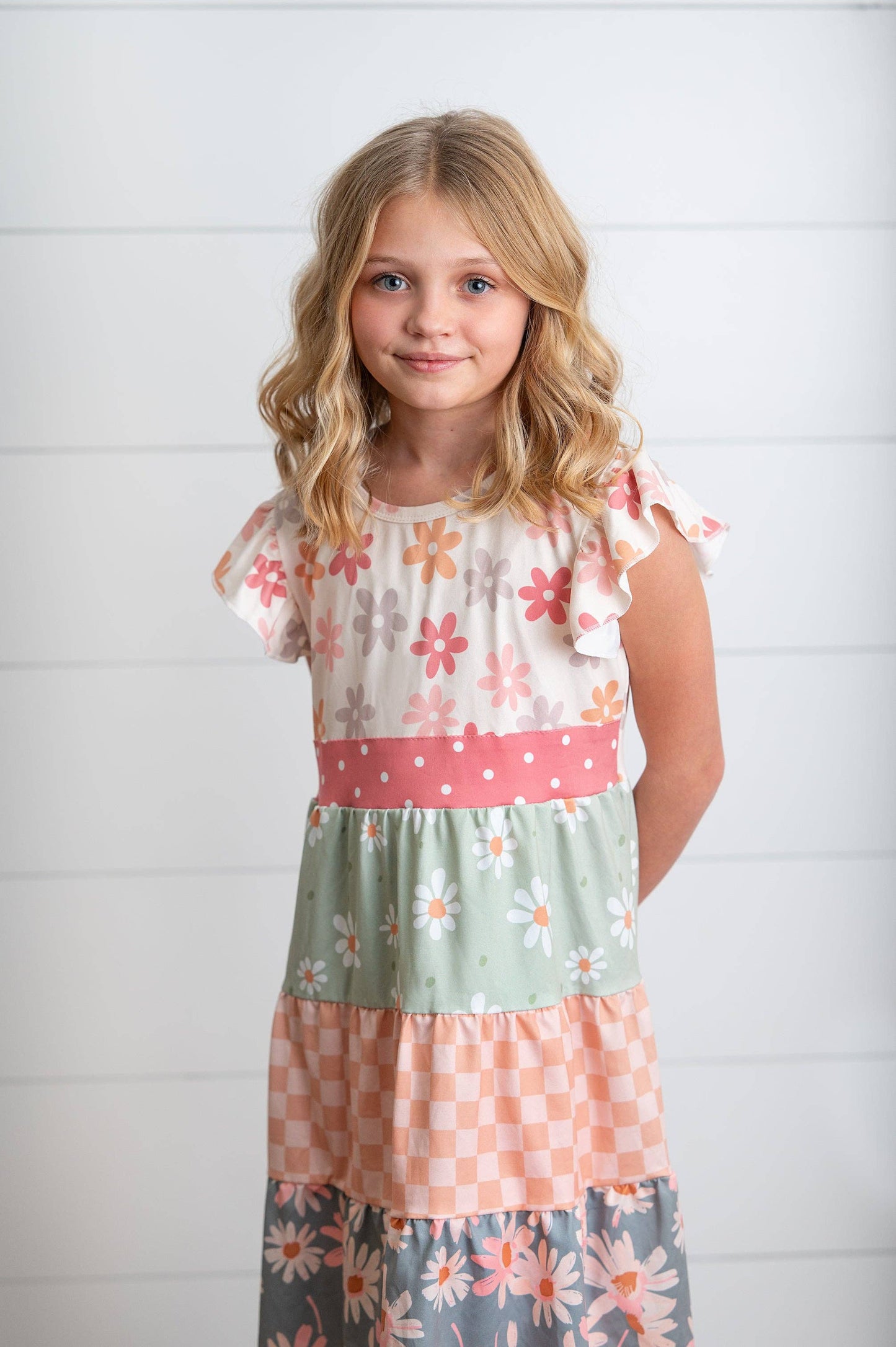 Kids Daisy & Checkered Tiered Dress