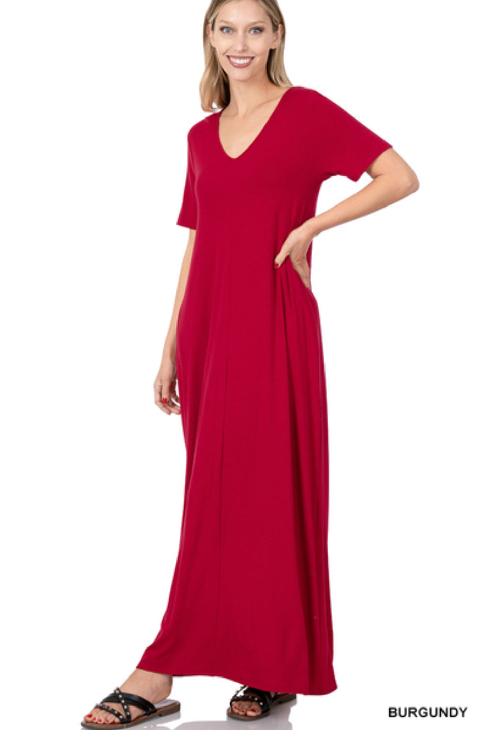 V-NECK SHORT SLEEVE MAXI DRESS WITH SIDE POCKETS