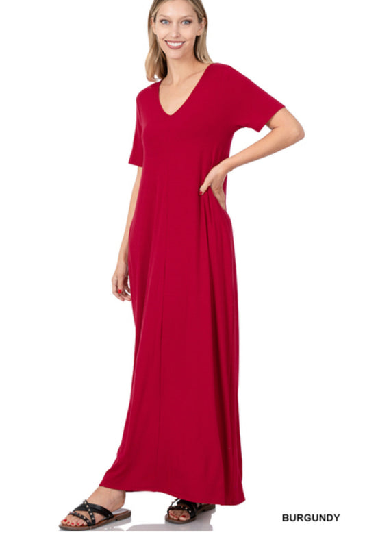 V-NECK SHORT SLEEVE MAXI DRESS WITH SIDE POCKETS