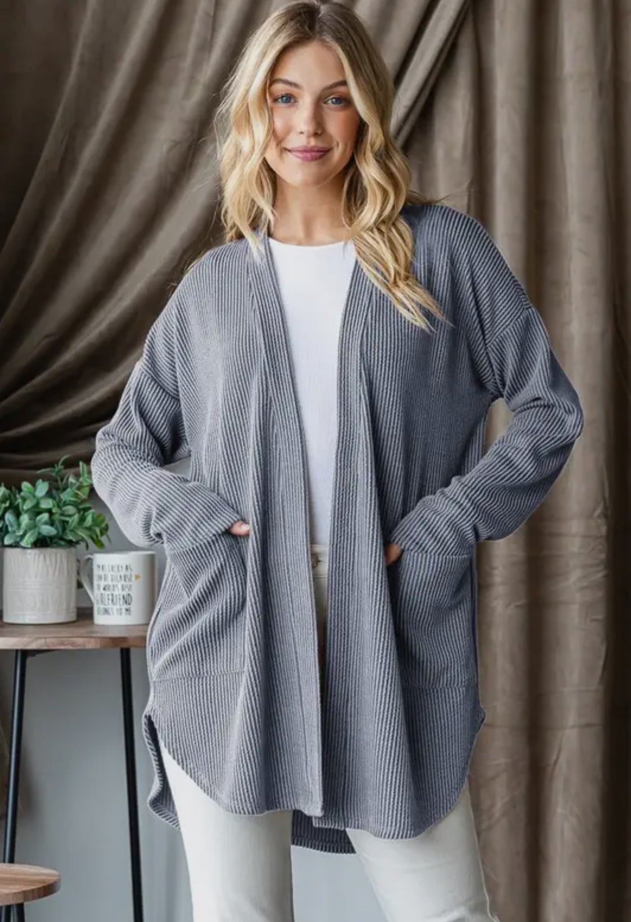 LONG SLEEVE SOLID URBAN RIBBED OPEN CARDIGAN