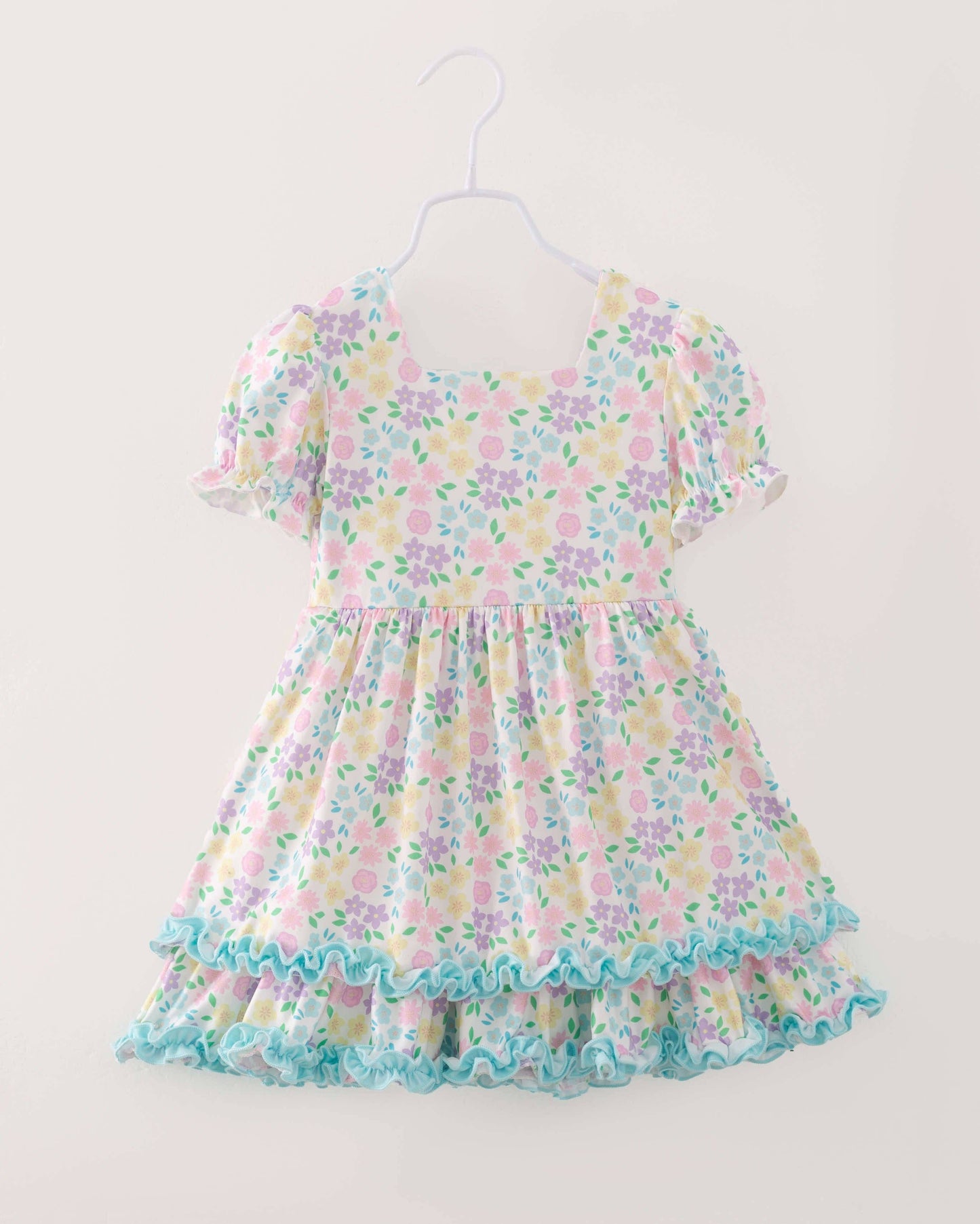 Spring Floral Puff Sleeves Ruffle Girl Dress