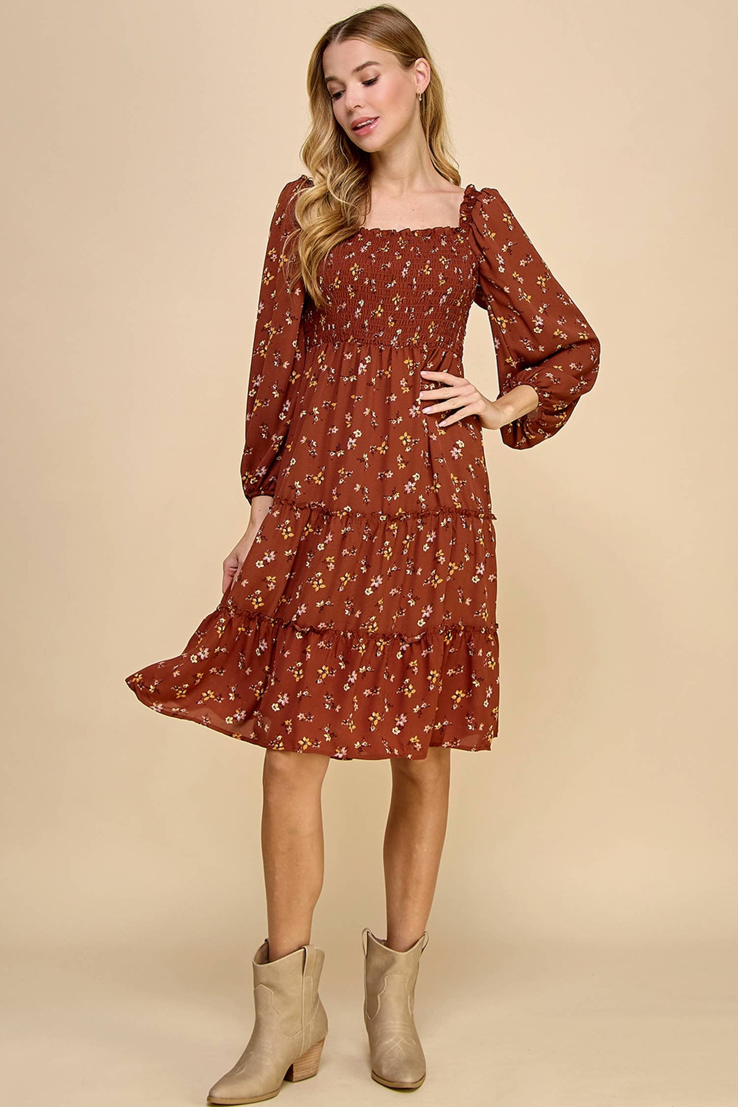 TIERED DRESS W/SMOCKING & LONG SLEEVE