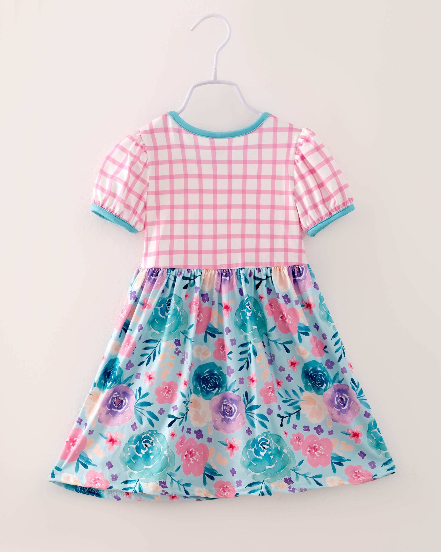 Pink Blue Plaid Flower Pocket Girl Dress