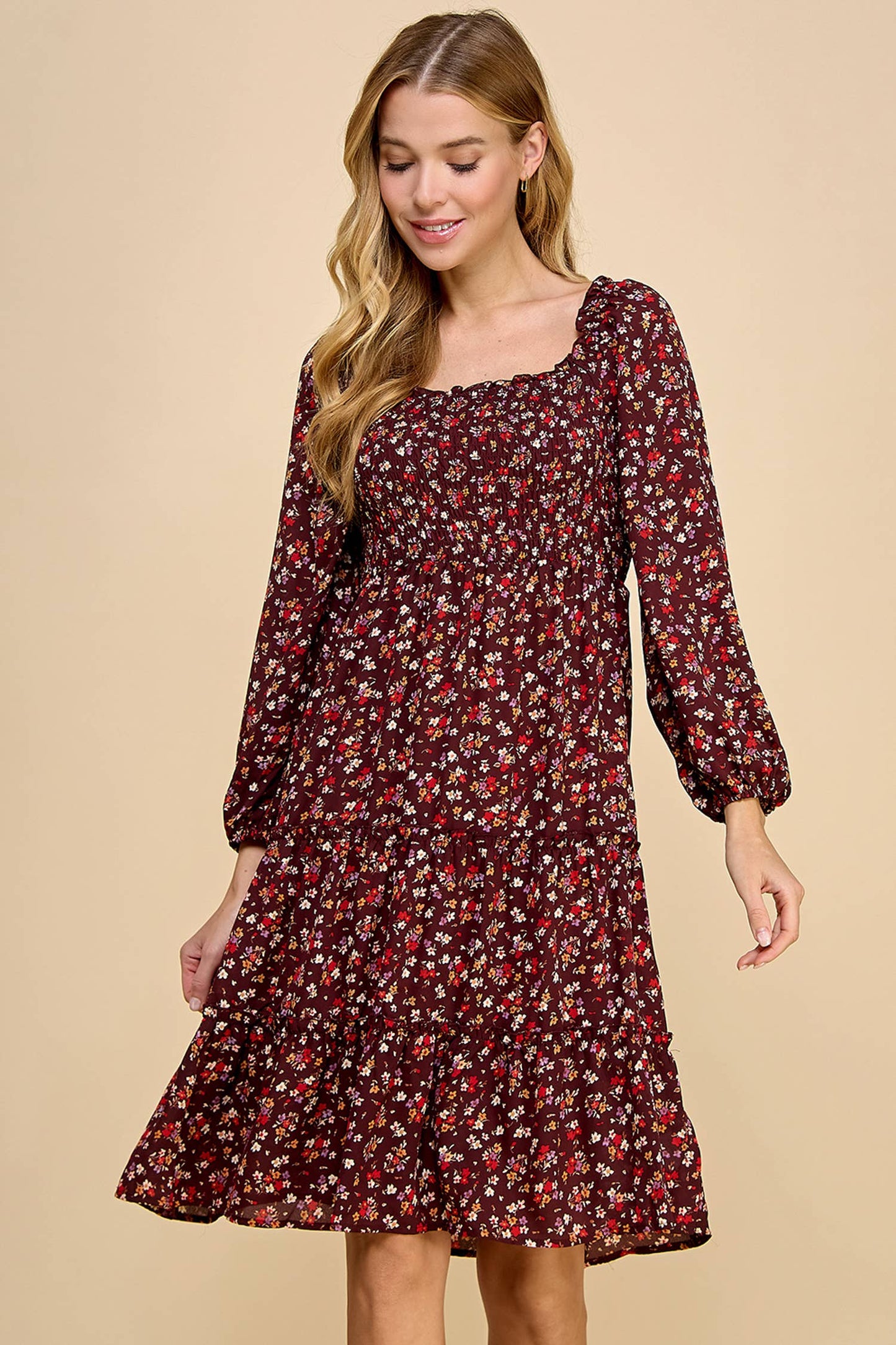 TIERED DRESS W/SMOCKING & LONG SLEEVE