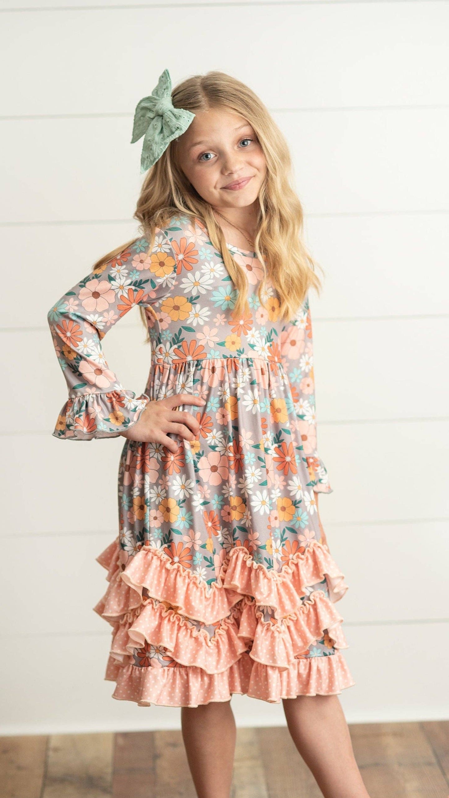 Girls Floral Long Sleeve Ruffle Dress