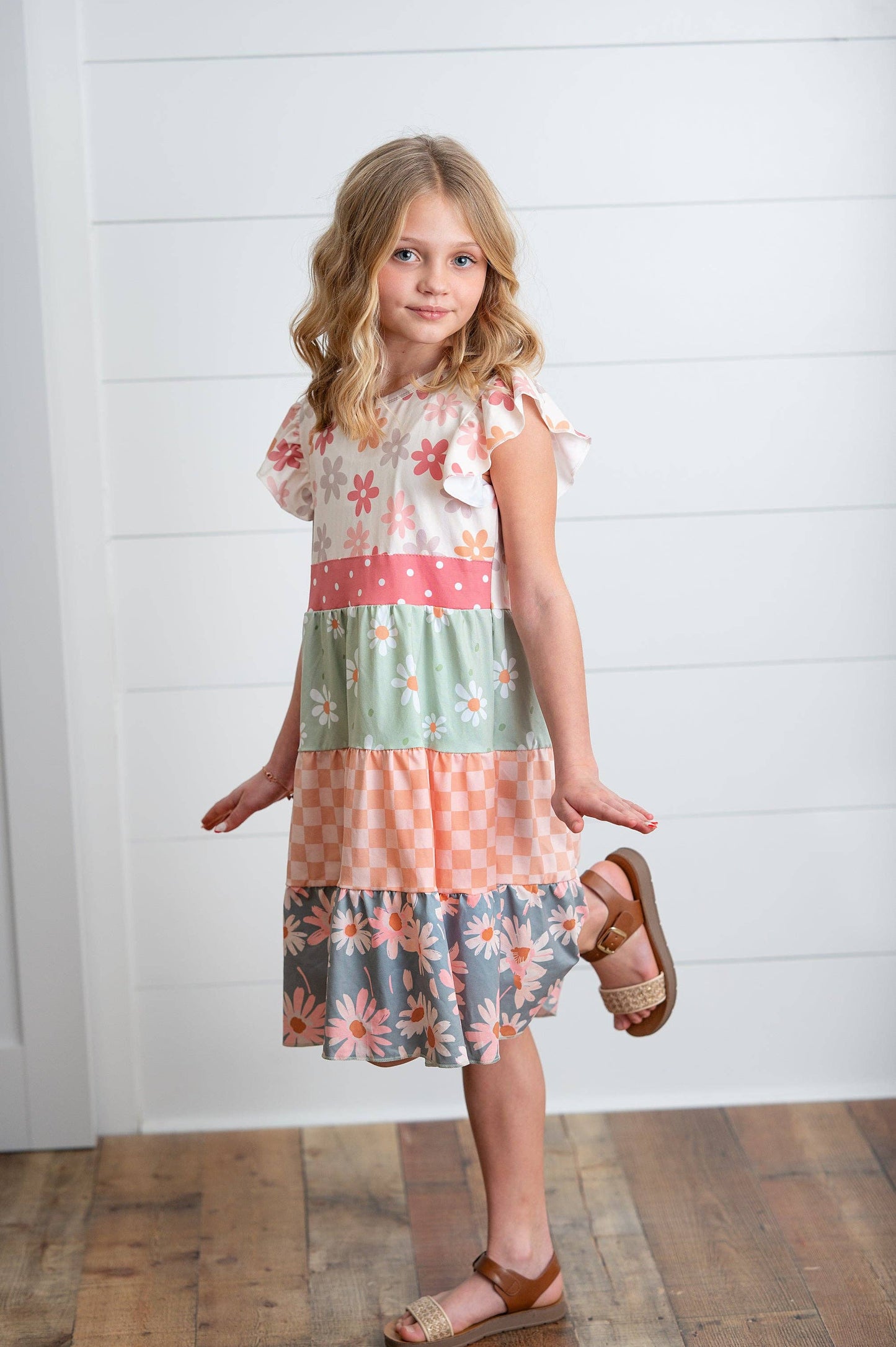 Kids Daisy & Checkered Tiered Dress