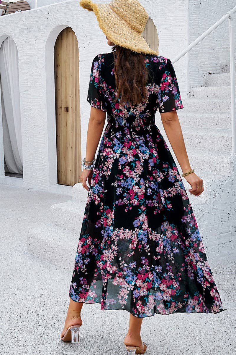 V-Neck Short Sleeve Floral Print Midi Dress