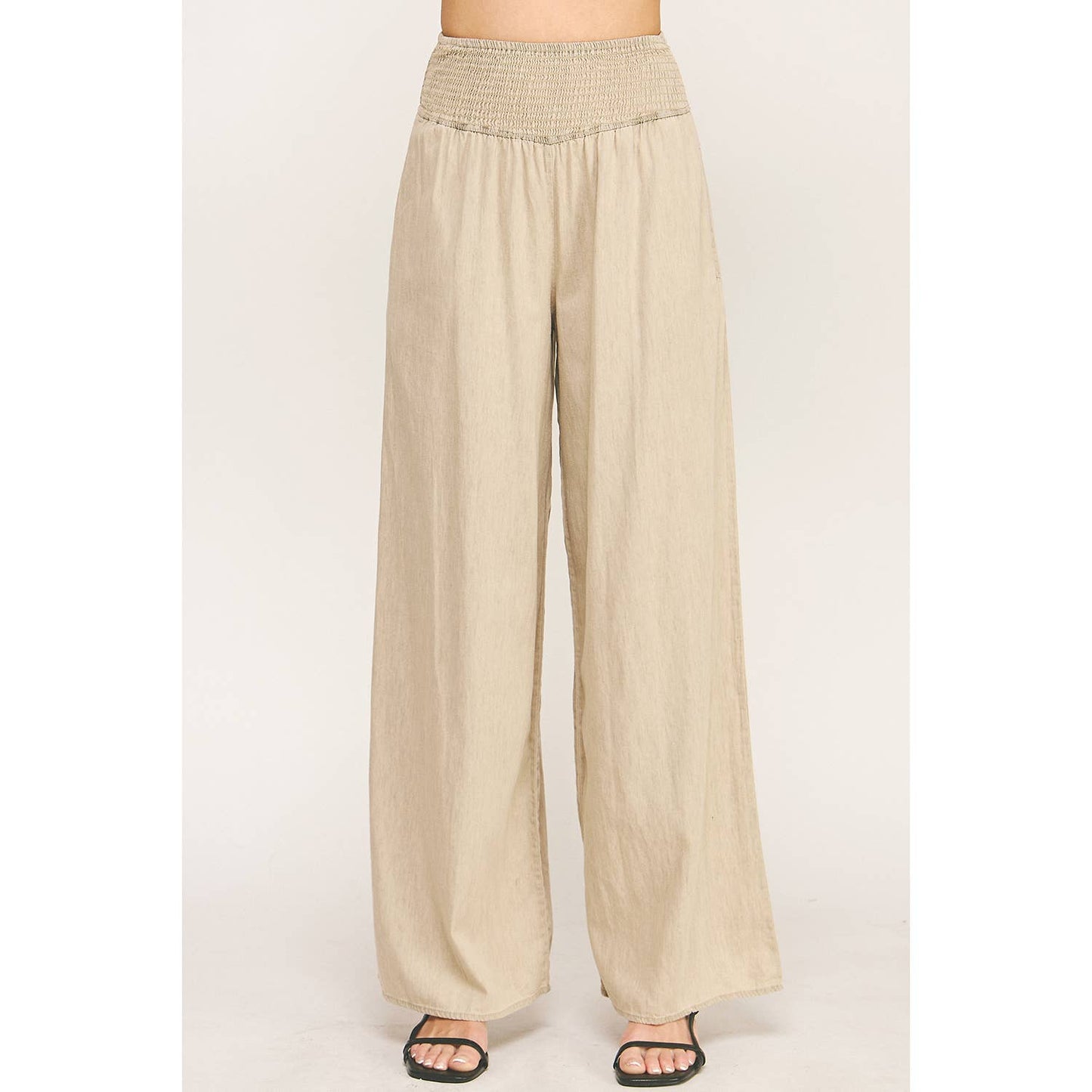 RELAXED SMOCKED WAIST WIDE LEG COTTON PANTS