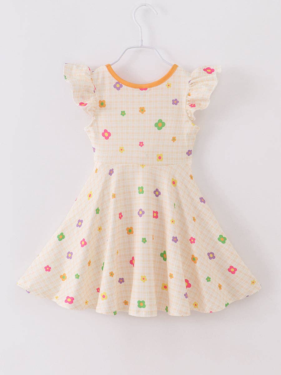 Retro Flower Yellow Plaid Ruffle Girl Dress