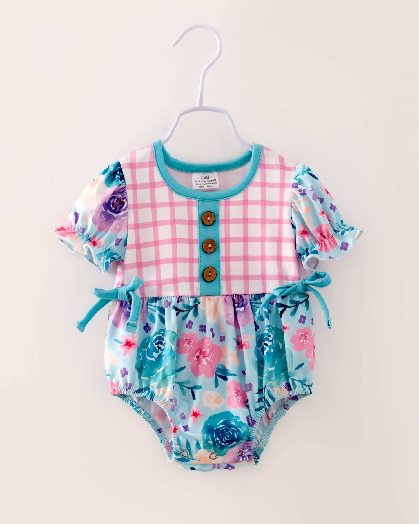 Pink Blue Plaid Flower Baby Girl Romper