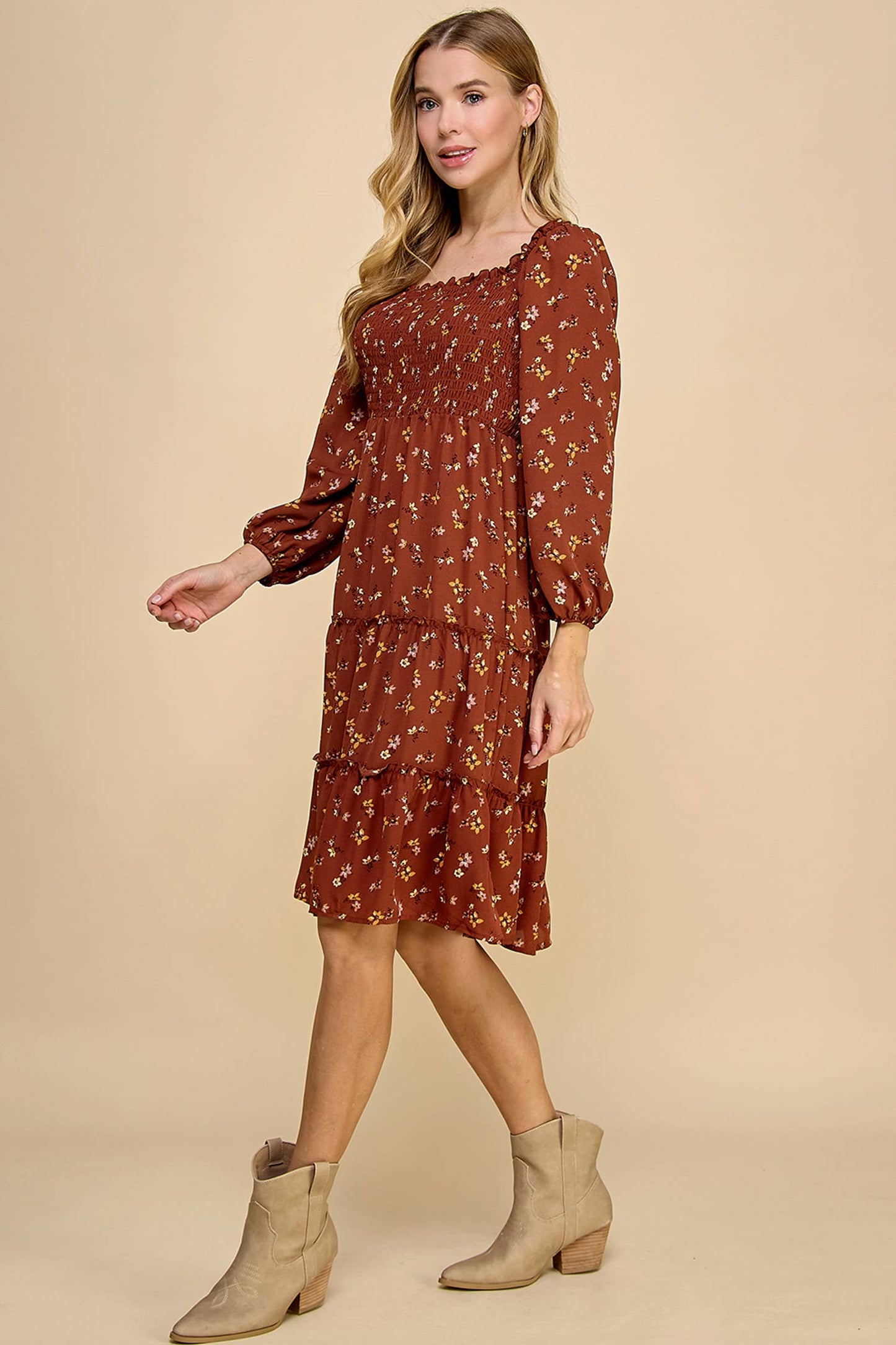 TIERED DRESS W/SMOCKING & LONG SLEEVE