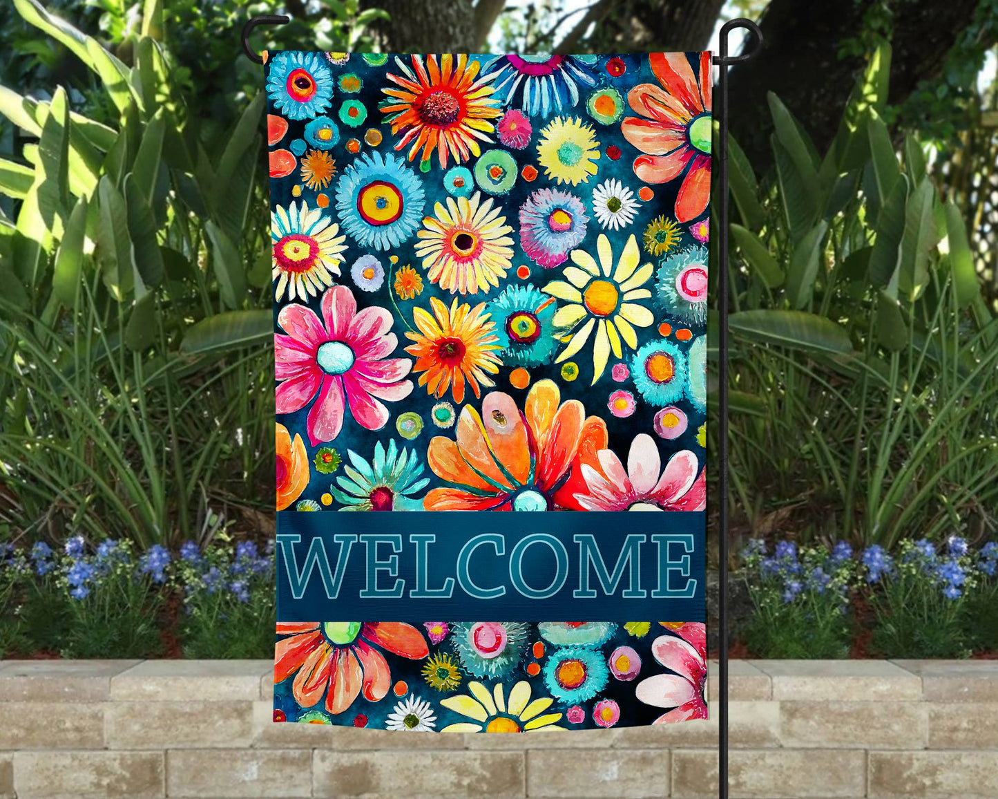 Garden Flag - Blue Teal Welcome Daisies