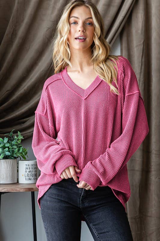 LONG PUFF SLEEVE SOLID URBAN RIBBED TOP