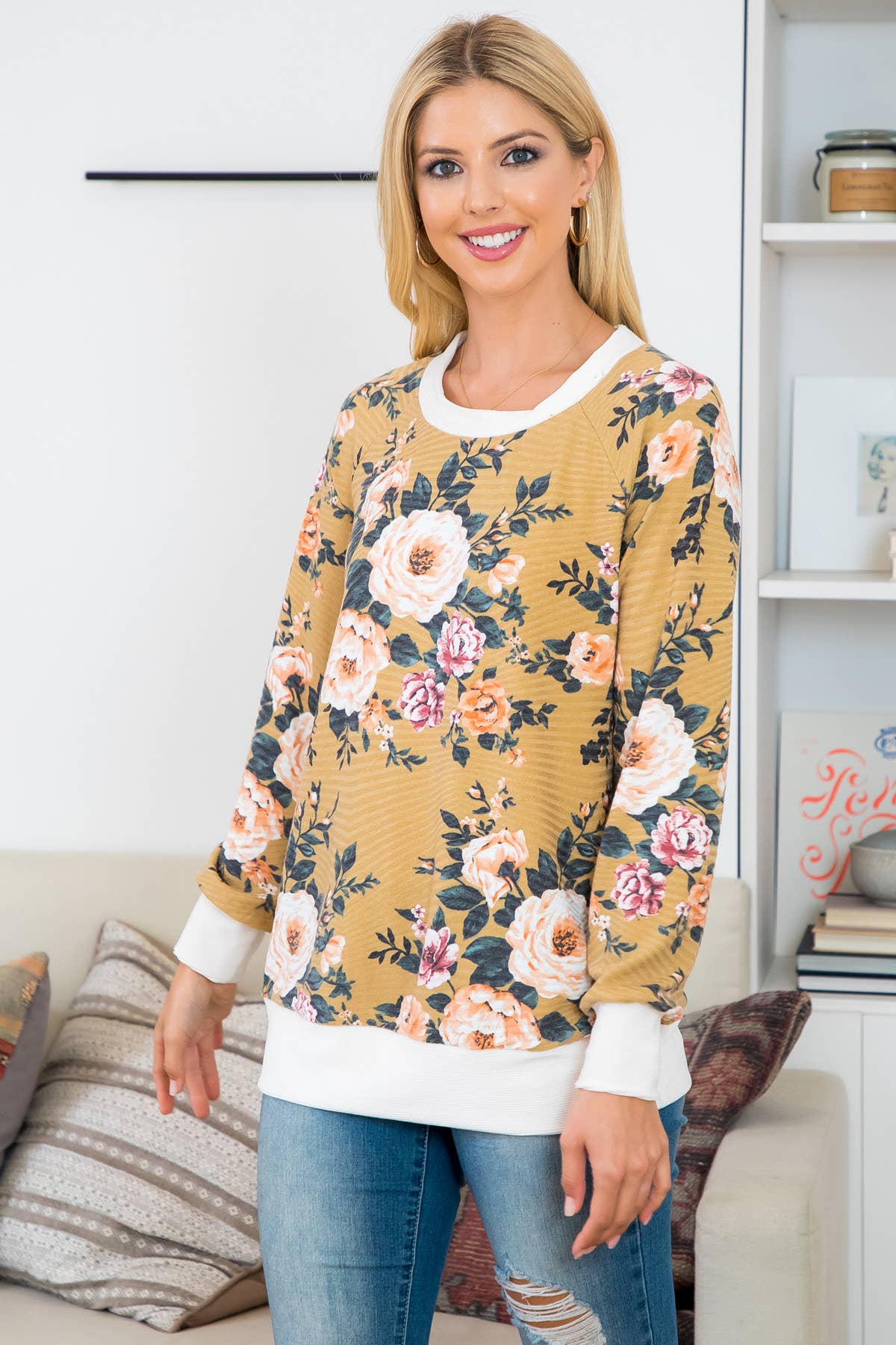 LONG SLEEVE RIB FLORAL TOP