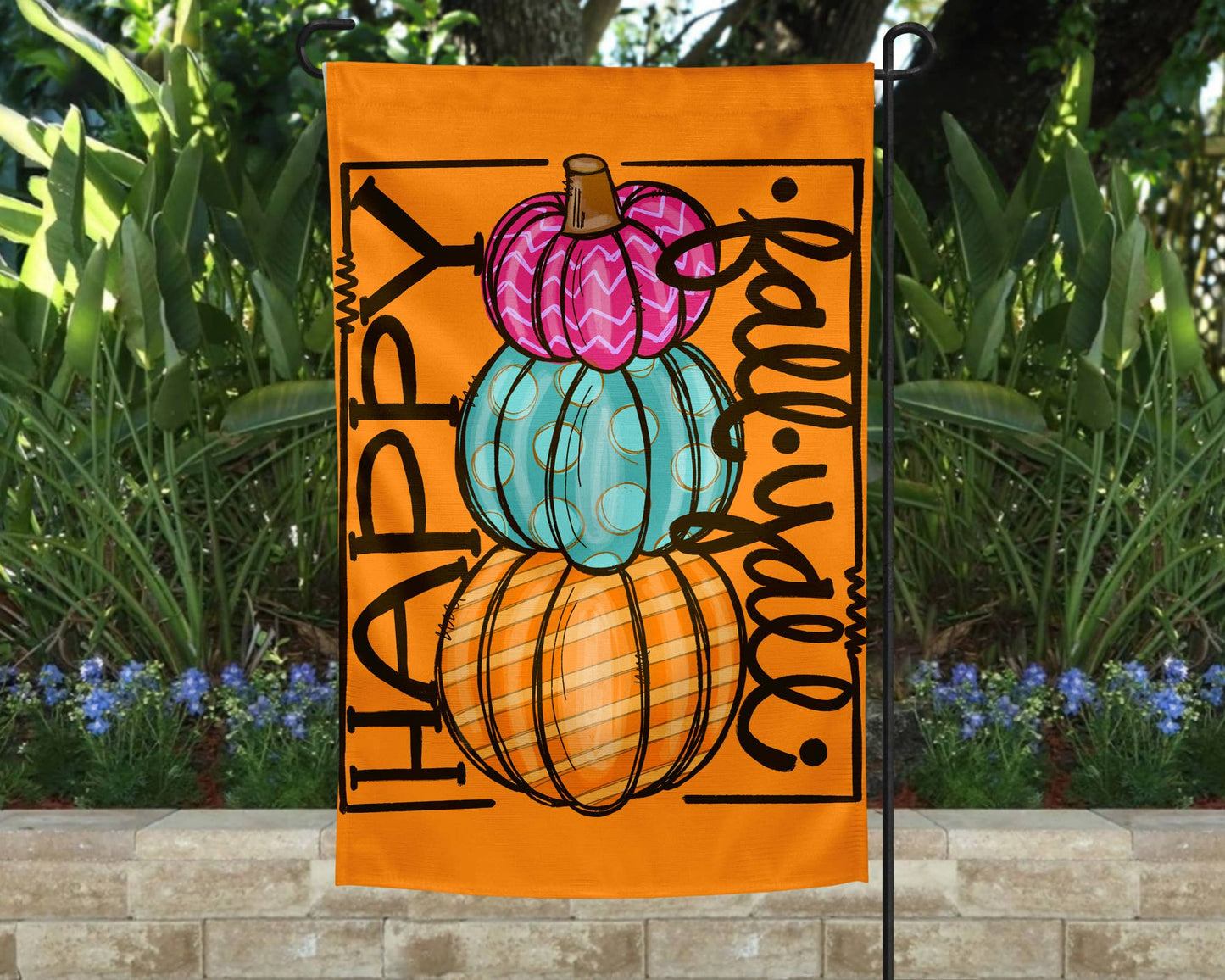 Garden Flag - Happy Fall Yall Orange with Stacked Pumpkins
