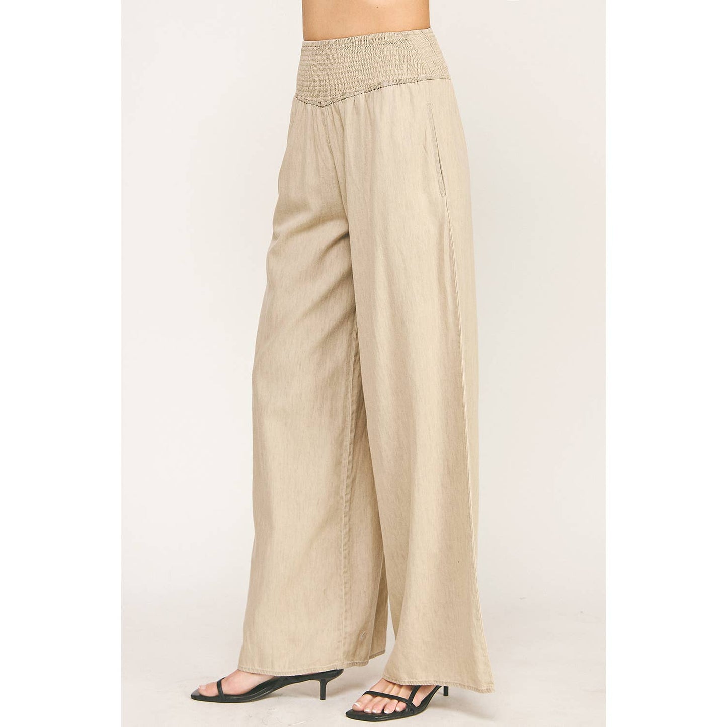 RELAXED SMOCKED WAIST WIDE LEG COTTON PANTS
