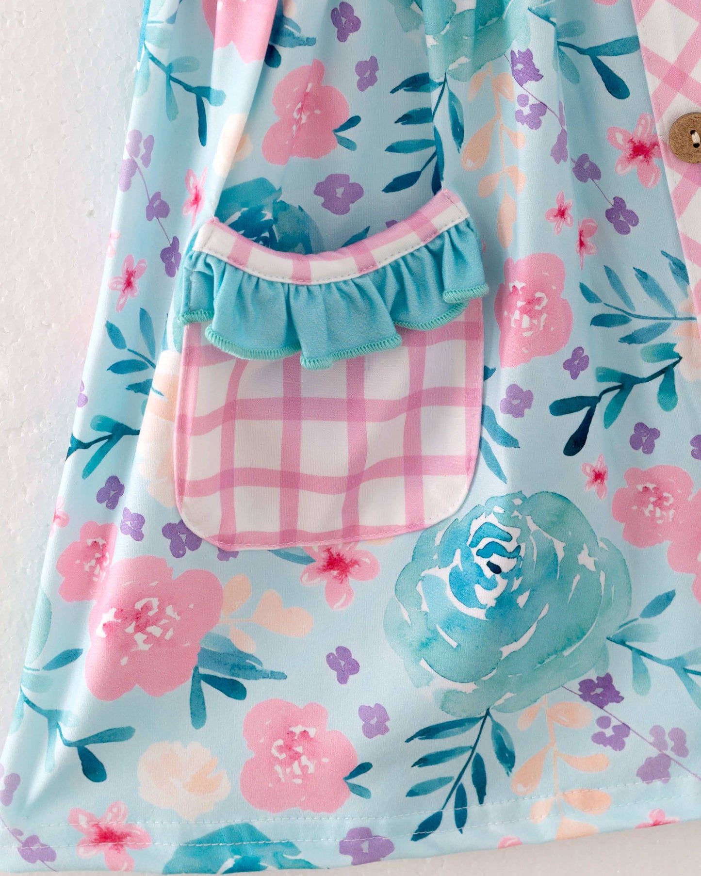 Pink Blue Plaid Flower Pocket Girl Dress