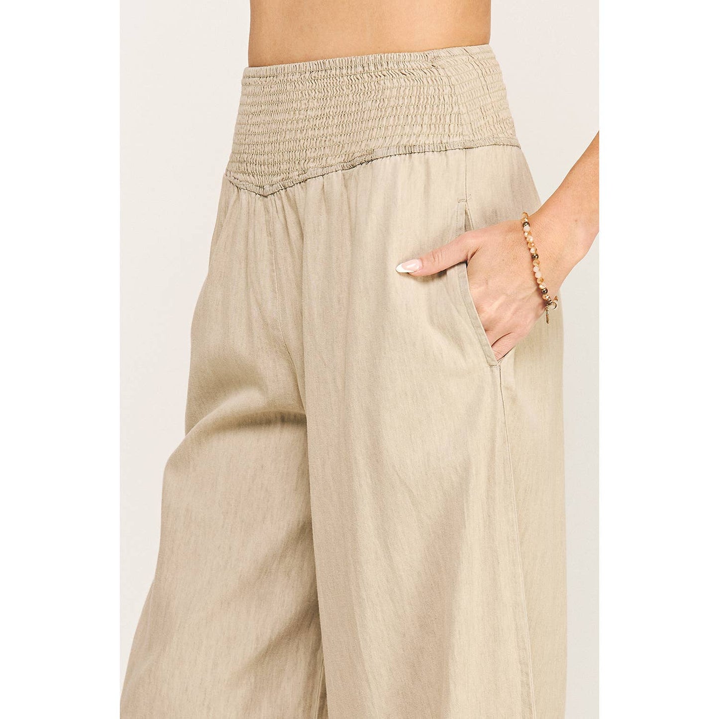 RELAXED SMOCKED WAIST WIDE LEG COTTON PANTS