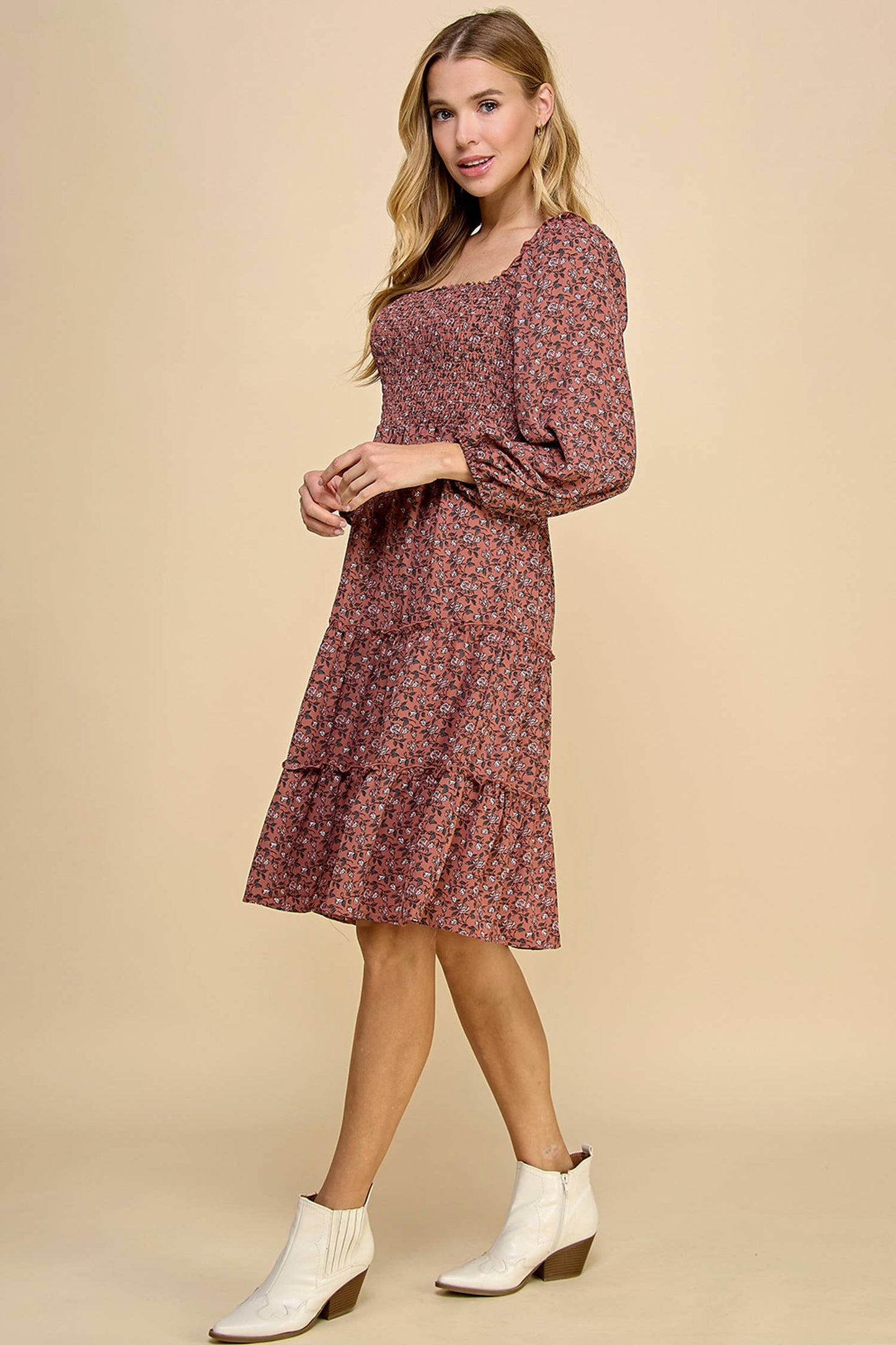 TIERED DRESS W/SMOCKING & LONG SLEEVE