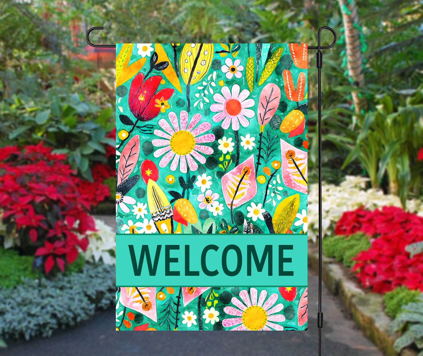 Garden Flag - Green Daisies Red Tulip