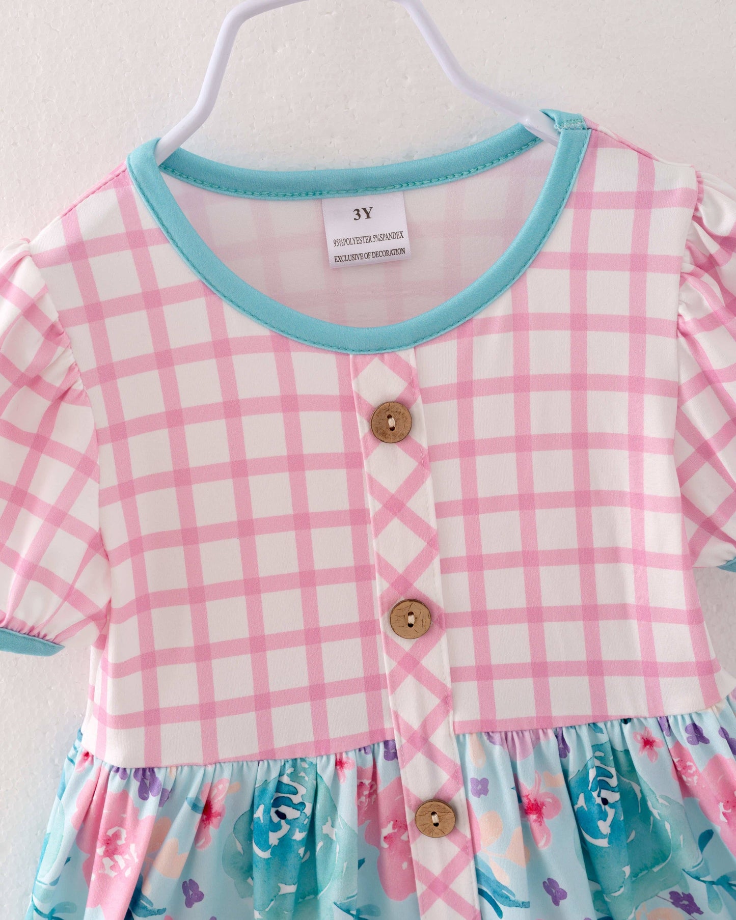 Pink Blue Plaid Flower Pocket Girl Dress