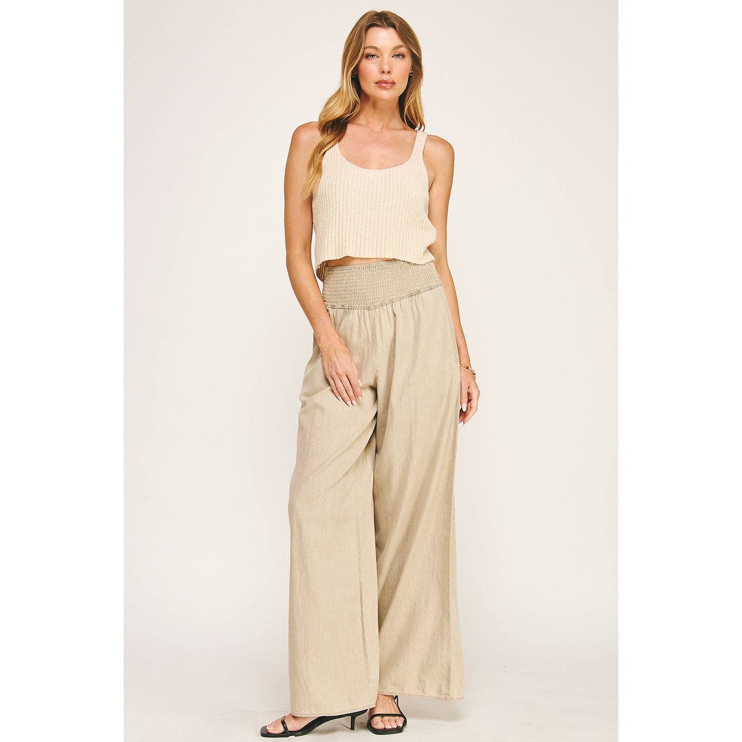 RELAXED SMOCKED WAIST WIDE LEG COTTON PANTS