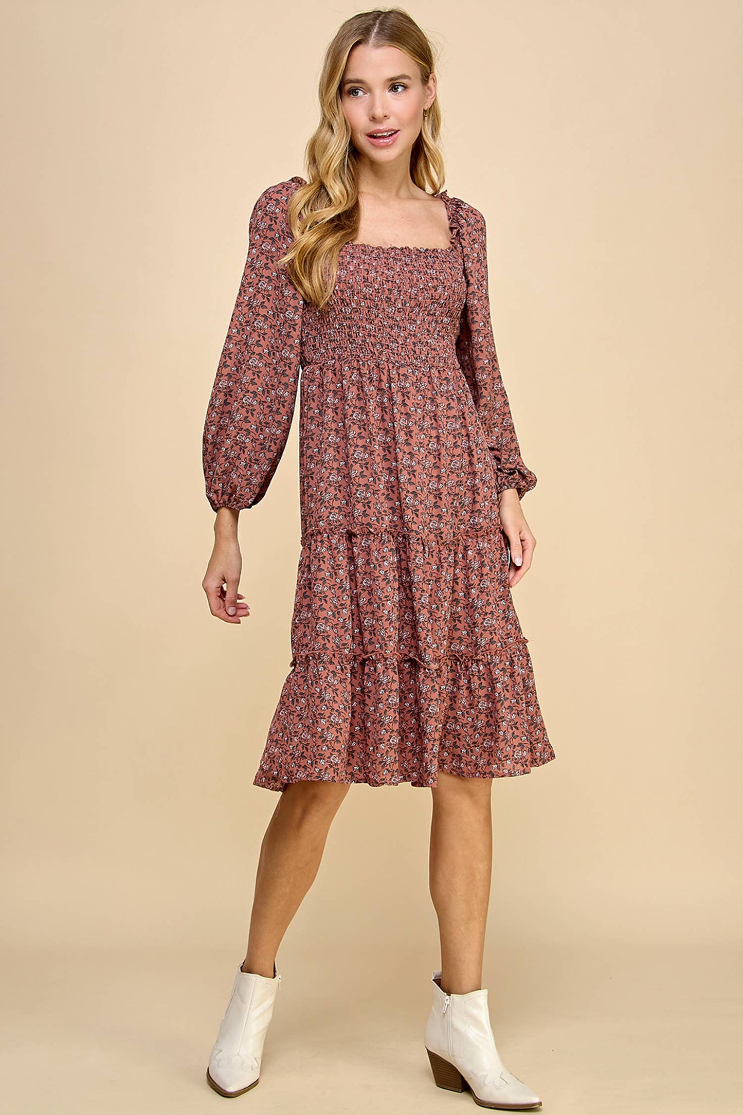 TIERED DRESS W/SMOCKING & LONG SLEEVE