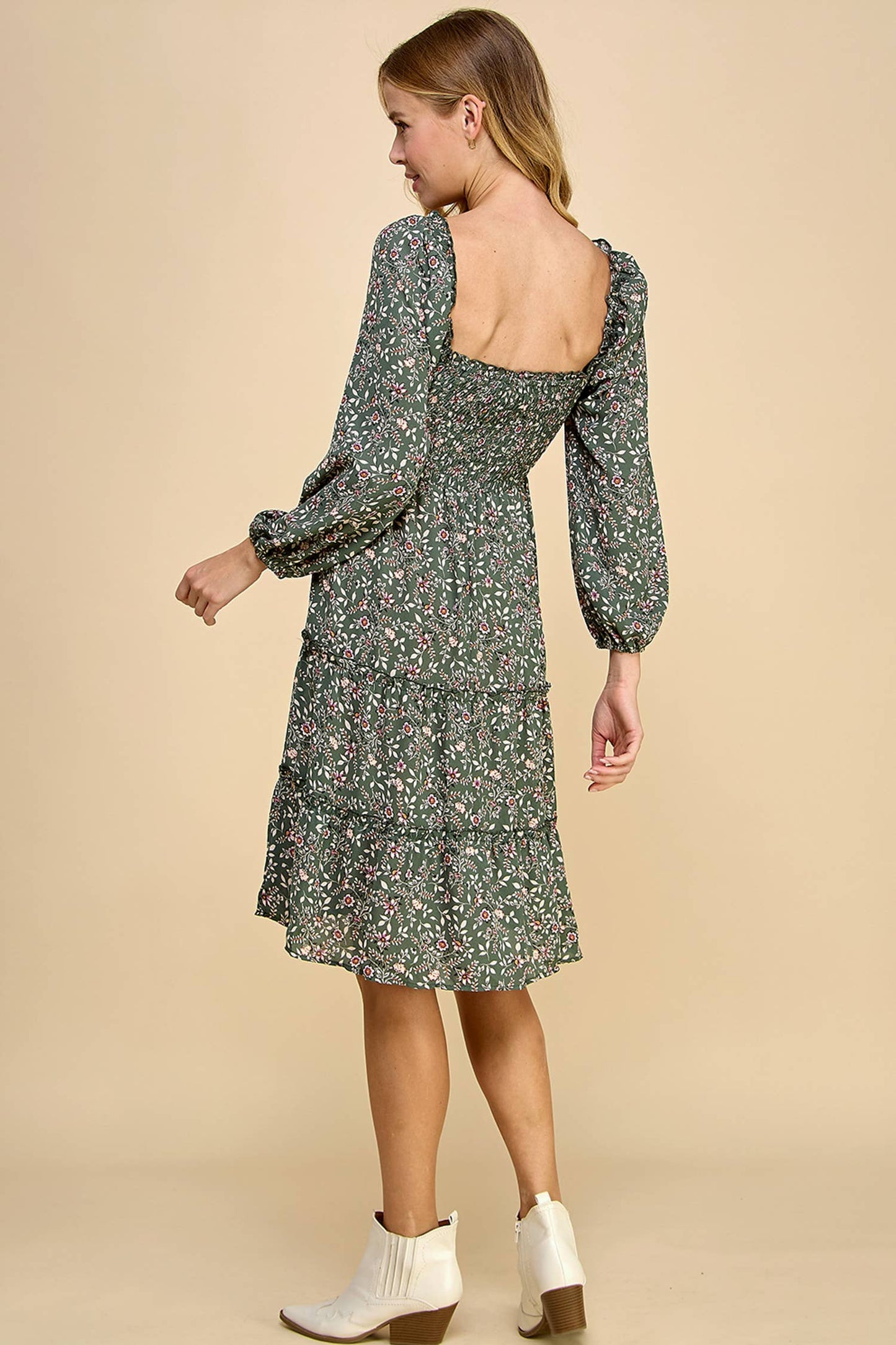 TIERED DRESS W/SMOCKING & LONG SLEEVE