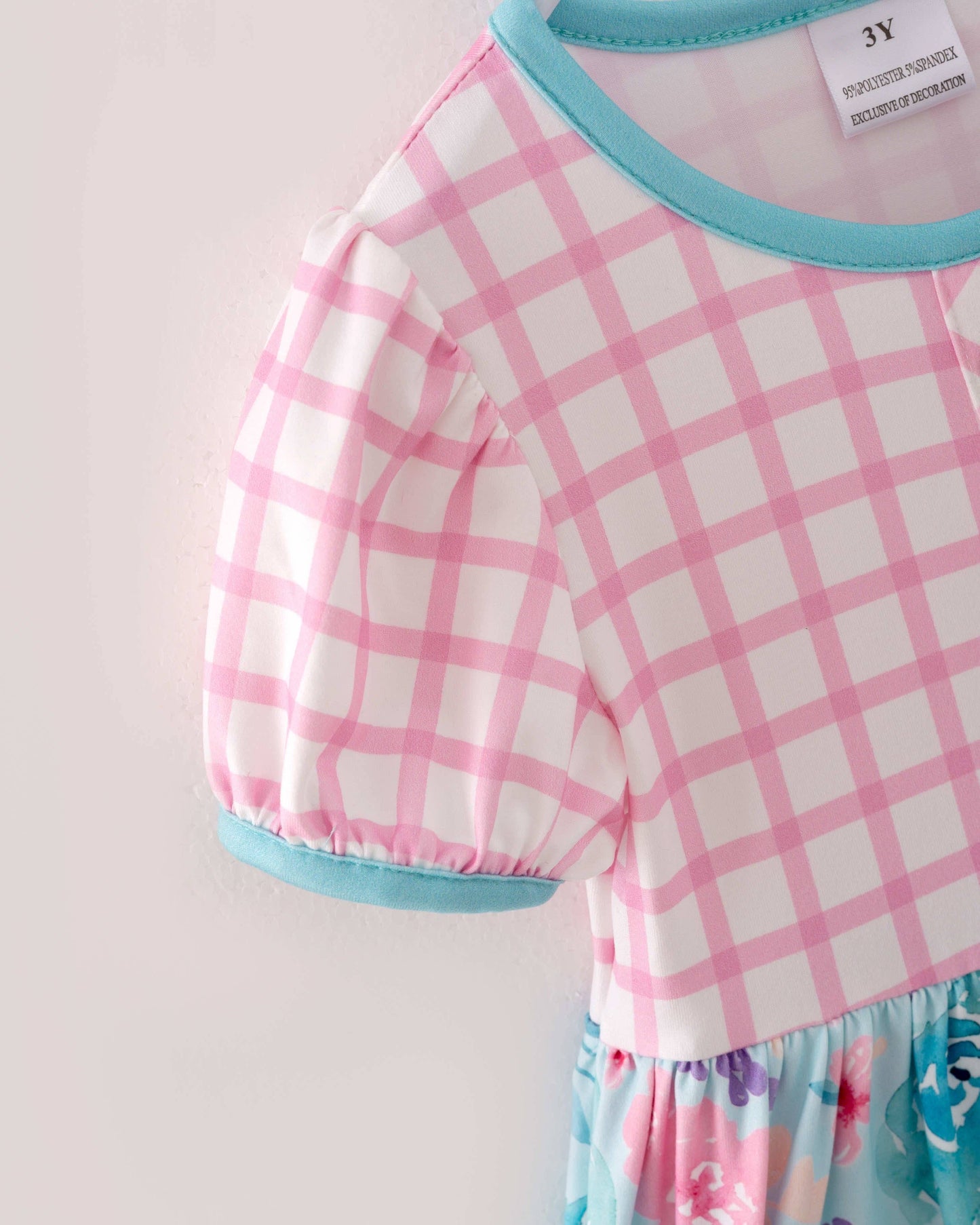 Pink Blue Plaid Flower Pocket Girl Dress