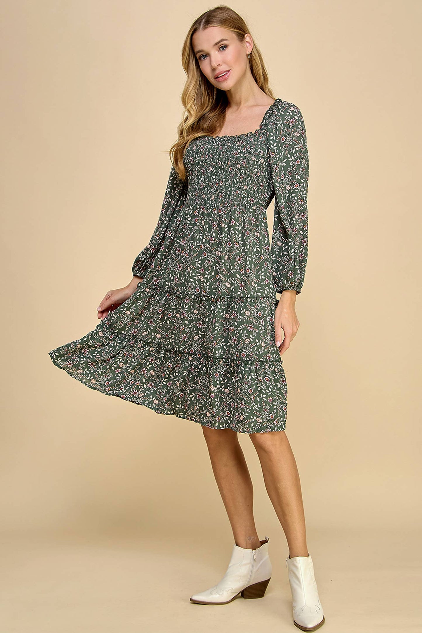 TIERED DRESS W/SMOCKING & LONG SLEEVE