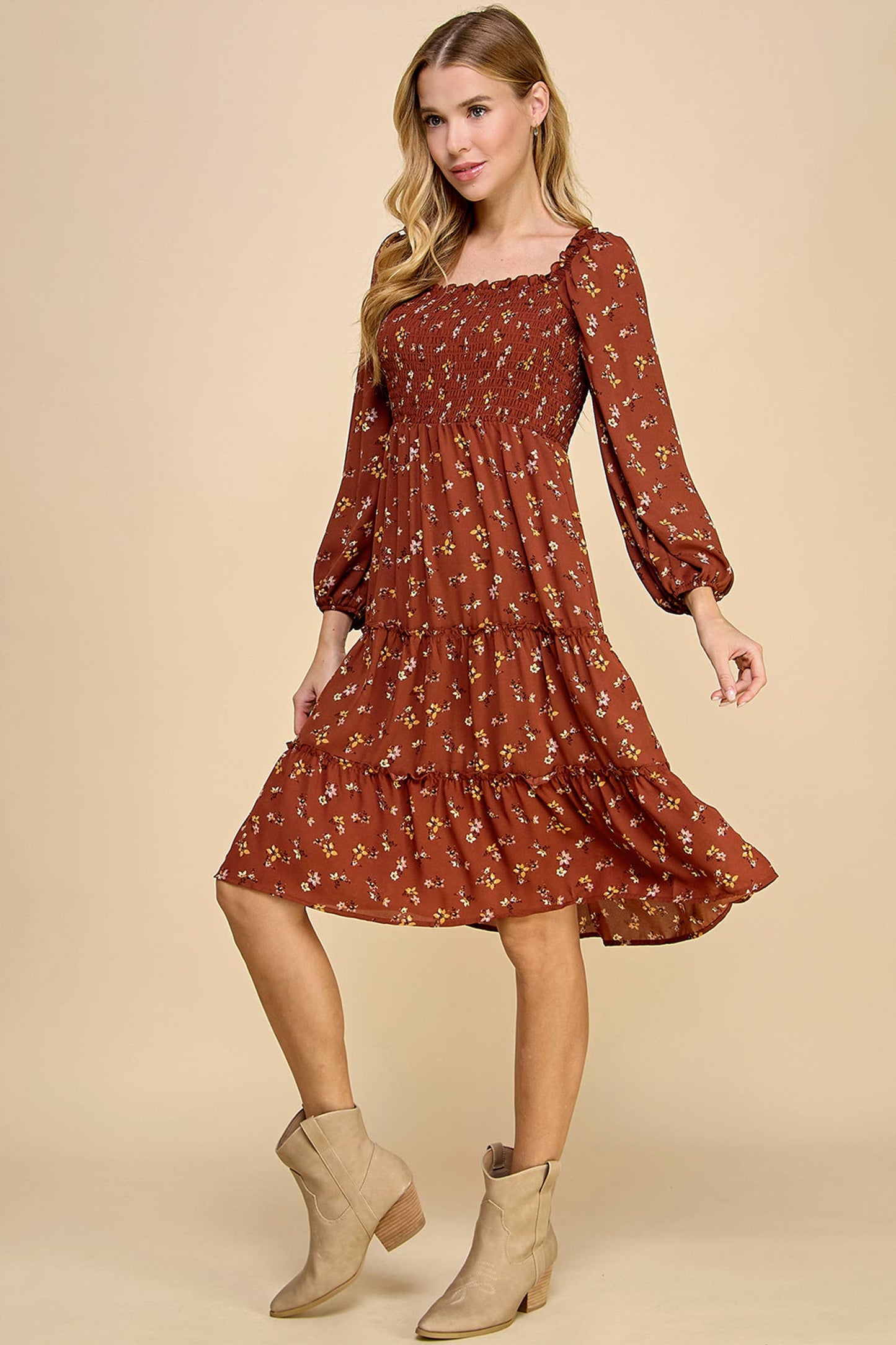 TIERED DRESS W/SMOCKING & LONG SLEEVE