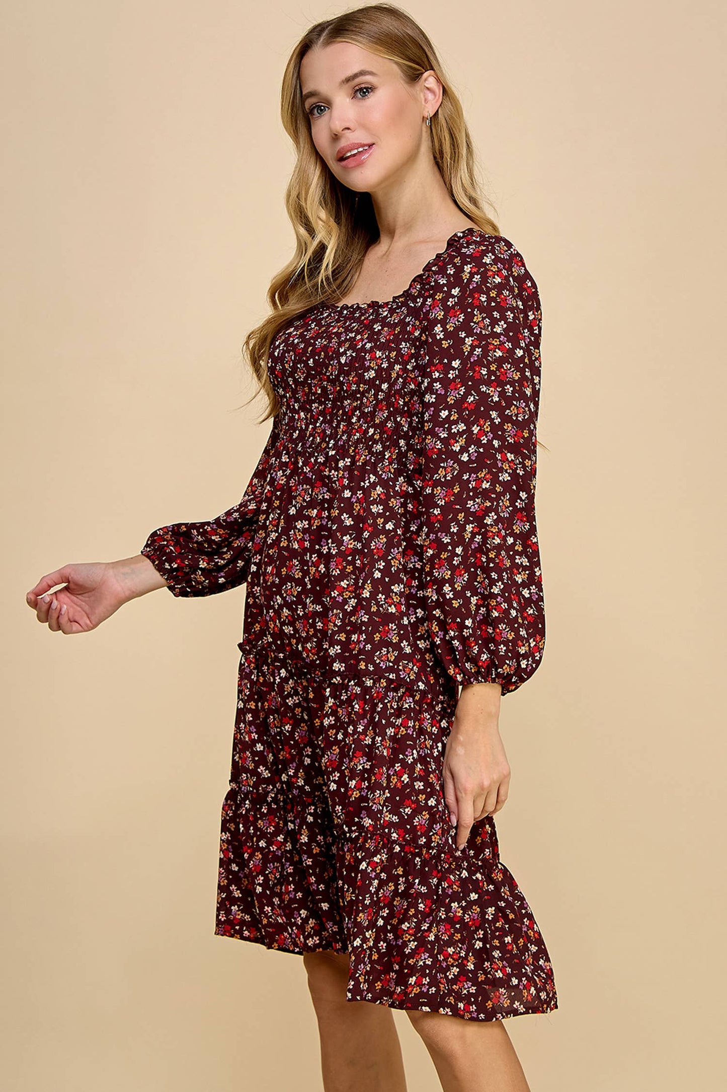 TIERED DRESS W/SMOCKING & LONG SLEEVE