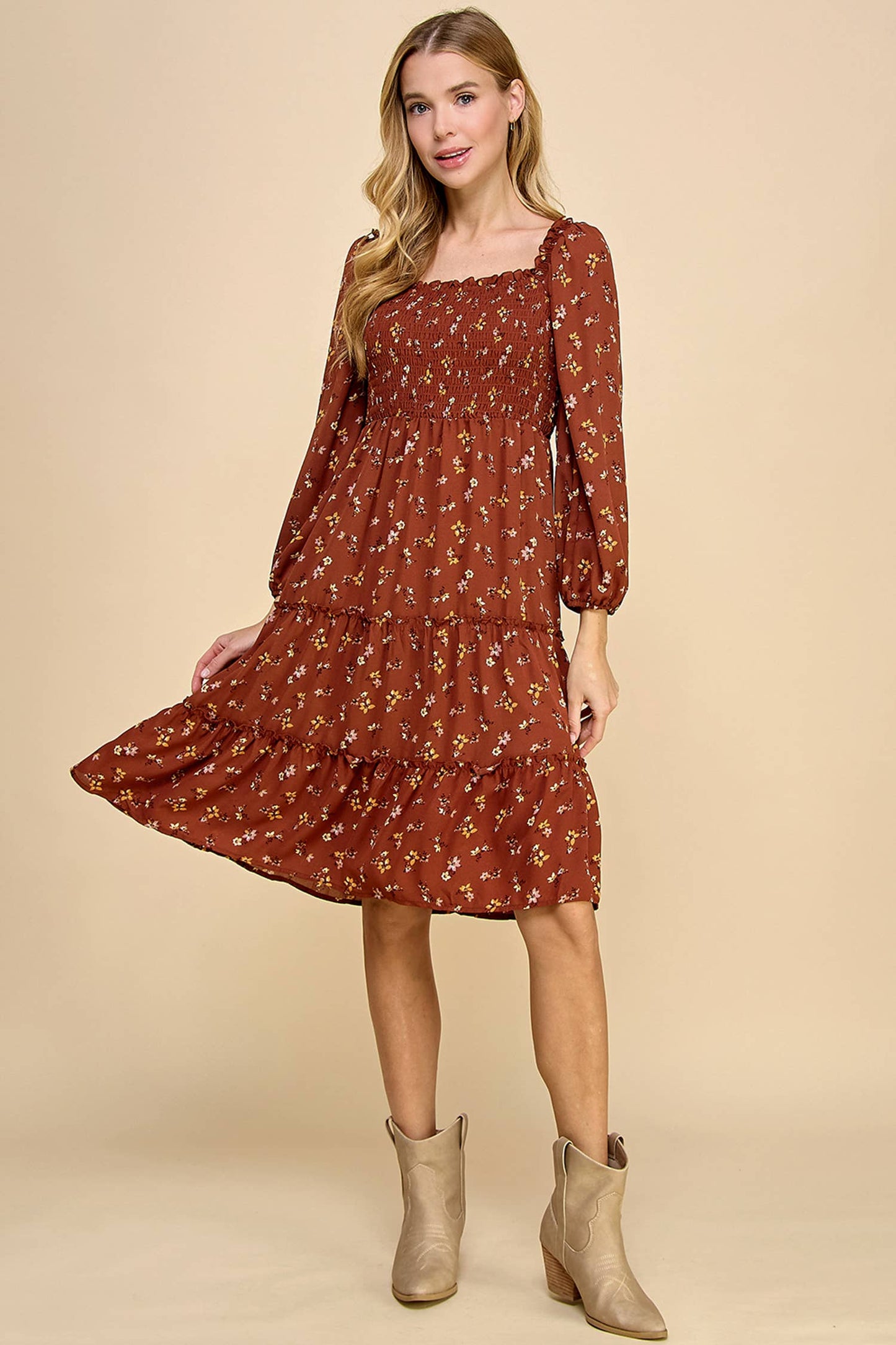 TIERED DRESS W/SMOCKING & LONG SLEEVE